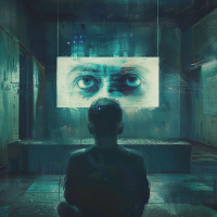 A solitary figure sits facing a large screen displaying a pair of intense eyes in a dimly lit room, evoking the quote about rejecting the evidence of one's eyes and ears.