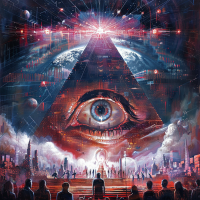 A surreal artwork featuring a large eye within a pyramid, towering over a futuristic cityscape. People stand in awe, reflecting the quote: The Party told you to reject the evidence of your eyes and ears.