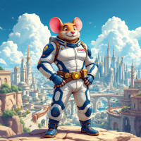 A cartoon mouse in a space suit stands confidently against a backdrop of futuristic cities, embodying the whimsical idea that Earth is managed by mice.