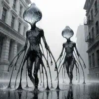 Two tall, gelatinous creatures with spongy, multi-limbed bodies and smooth, oily skin walk the rainy city street, their faceless, mucus-veined heads towering above.