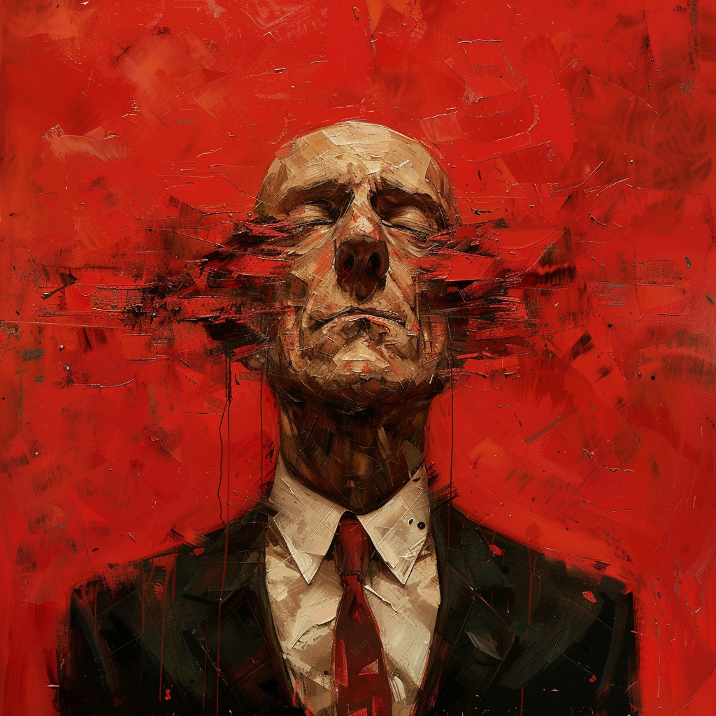 A distorted portrait of a politician in a suit against a chaotic red background, reflecting the quote: the politician is very often something less than an integral man.