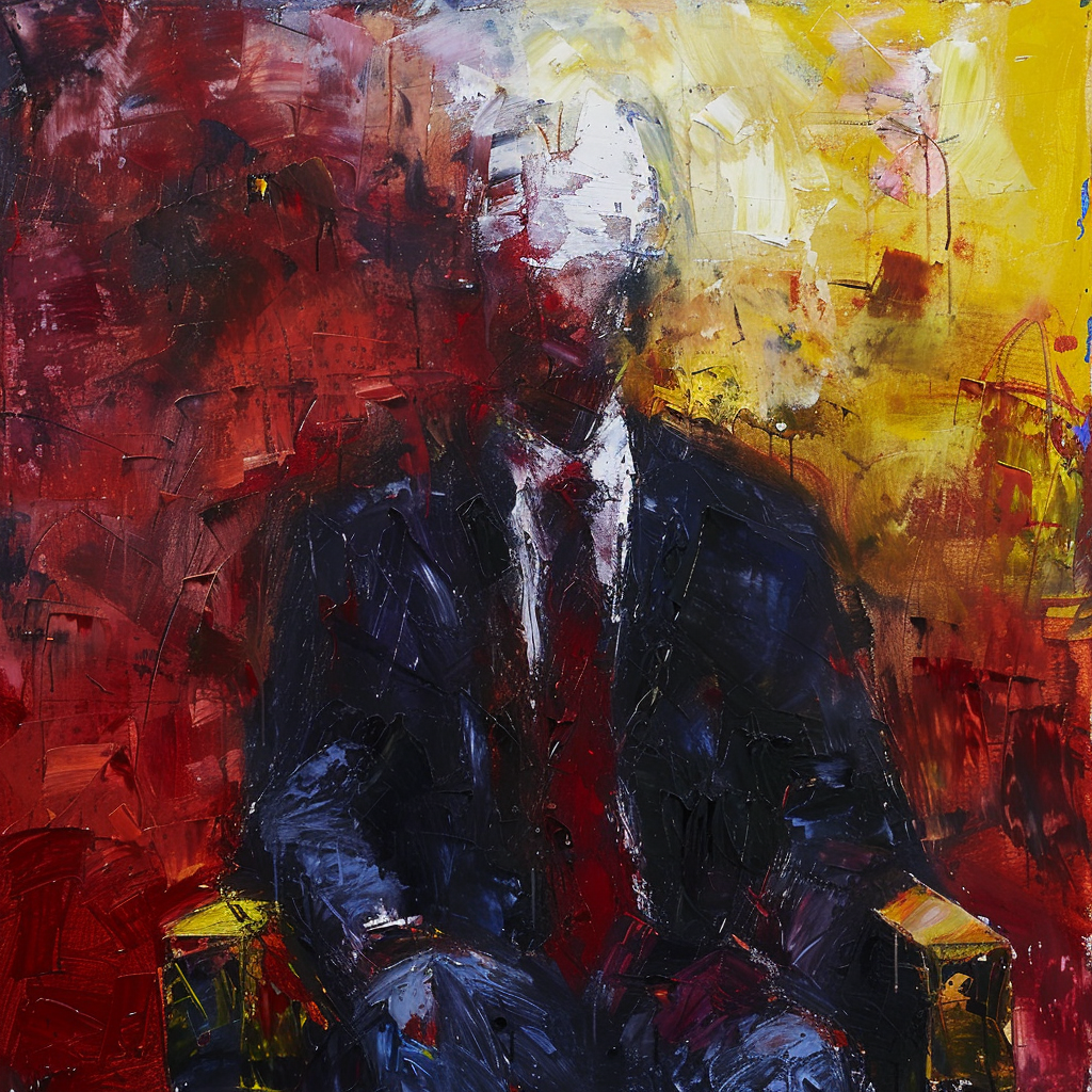 A faceless figure in a suit sits against a chaotic, colorful background, reflecting the quote: the politician is very often something less than an integral man.