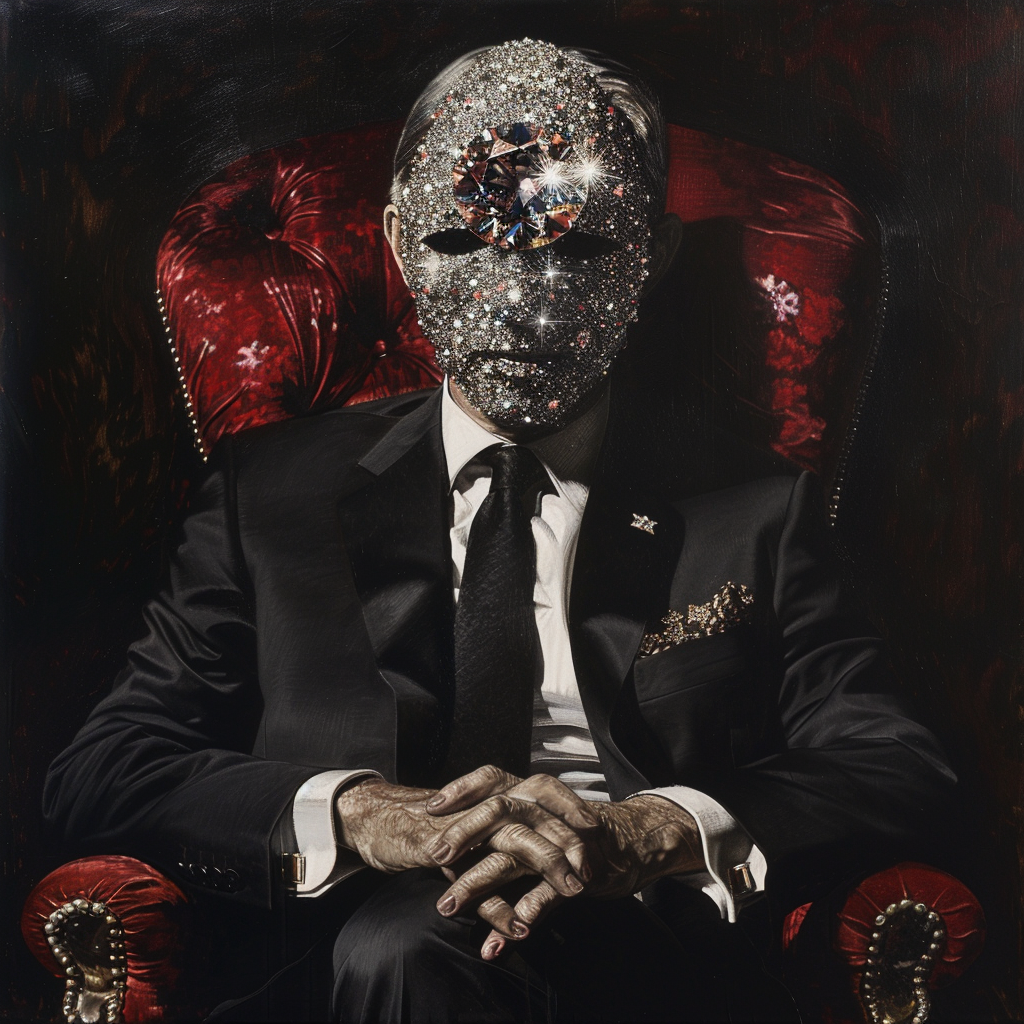 A suited man with a face covered in glittering jewels sits on an ornate red chair, symbolizing the quote, the politician is very often something less than an integral man.