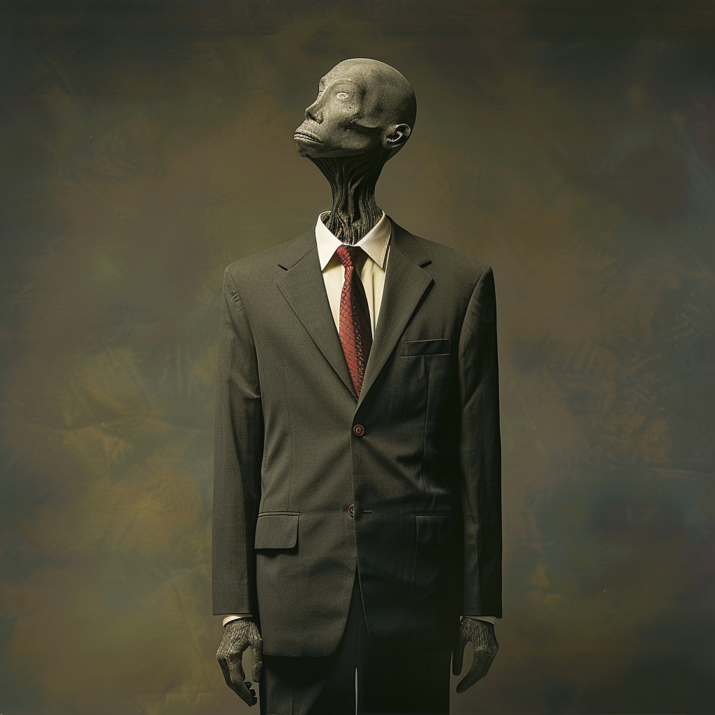 A distorted figure in a suit with an elongated neck and head, referencing the quote, the politician is very often something less than an integral man. The background is abstract and dark.