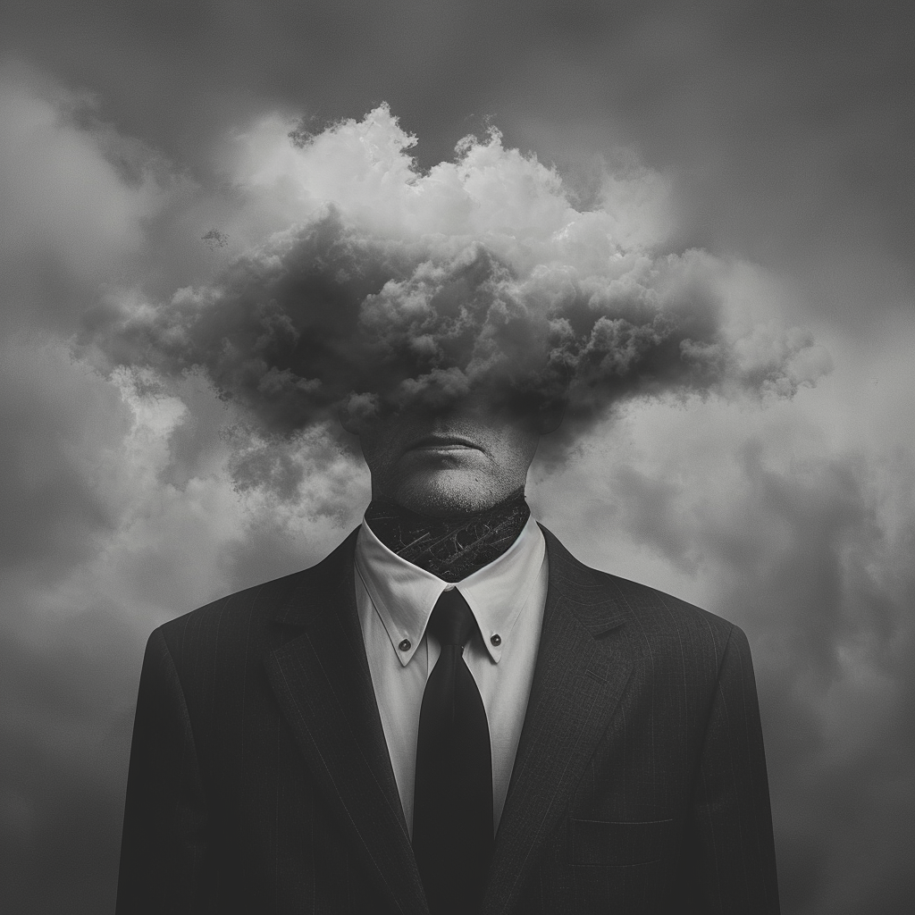 A man in a suit with his head replaced by a cloud, visually interpreting the quote: the politician is very often something less than an integral man.