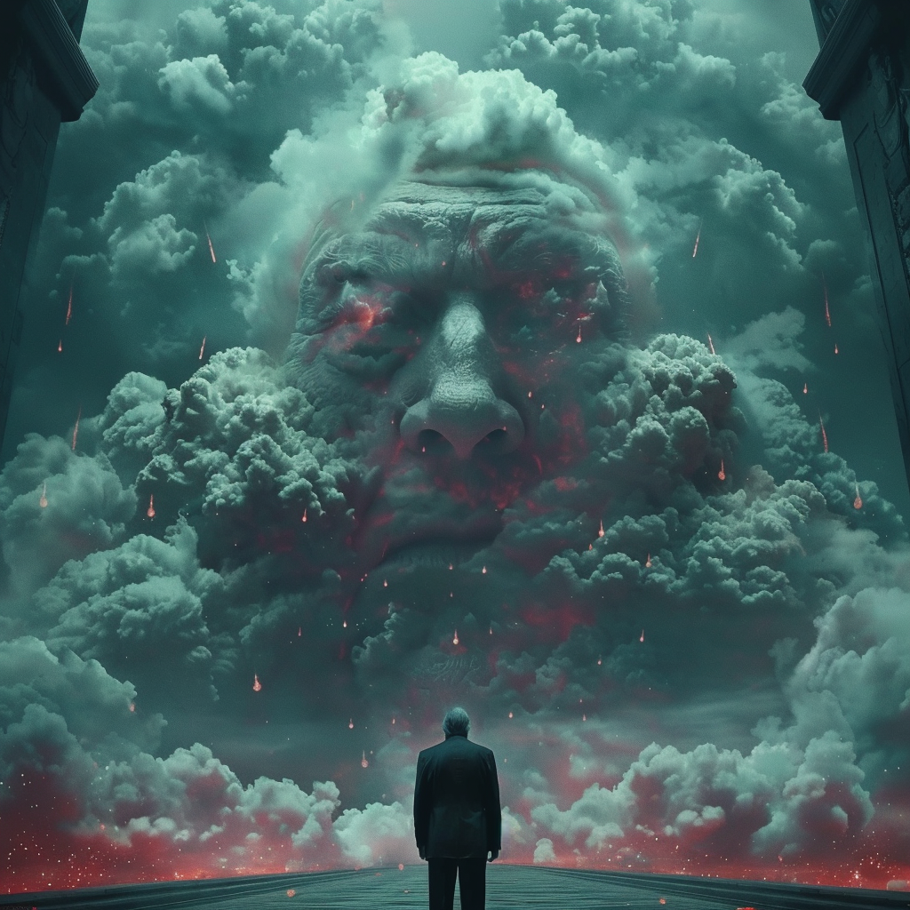 A lone man in a suit stands beneath an ominous, clouded sky with a massive, stern face formed from the clouds above, inspired by the quote about politicians often lacking integrity.