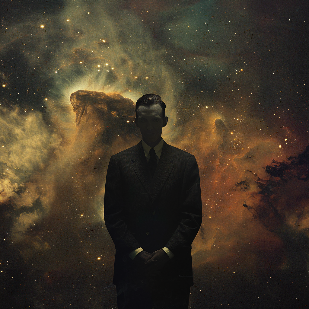 A silhouette of a politician in a suit stands against a dramatic cosmic background, reflecting the quote the politician is very often something less than an integral man.