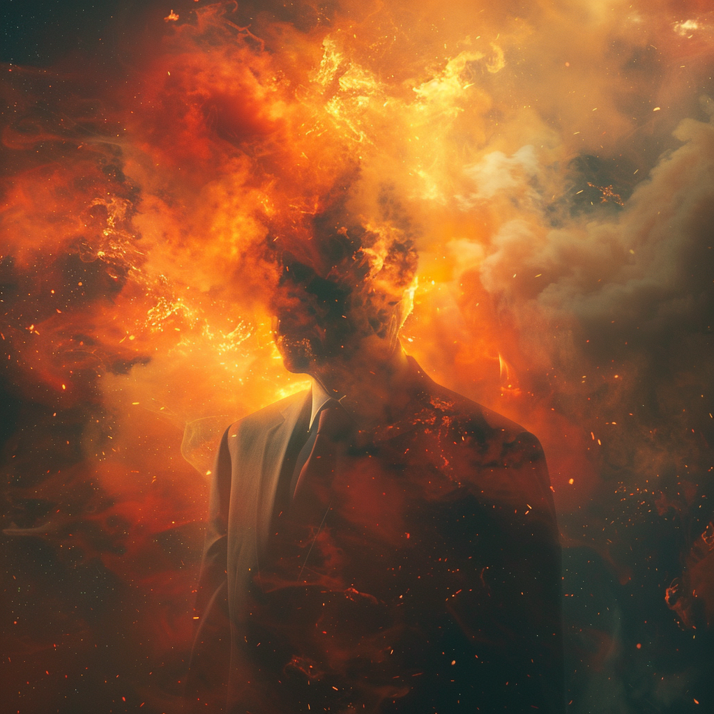 A man in a suit, with his head enveloped in a swirling, fiery cloud, visually representing the quote, the politician is very often something less than an integral man.