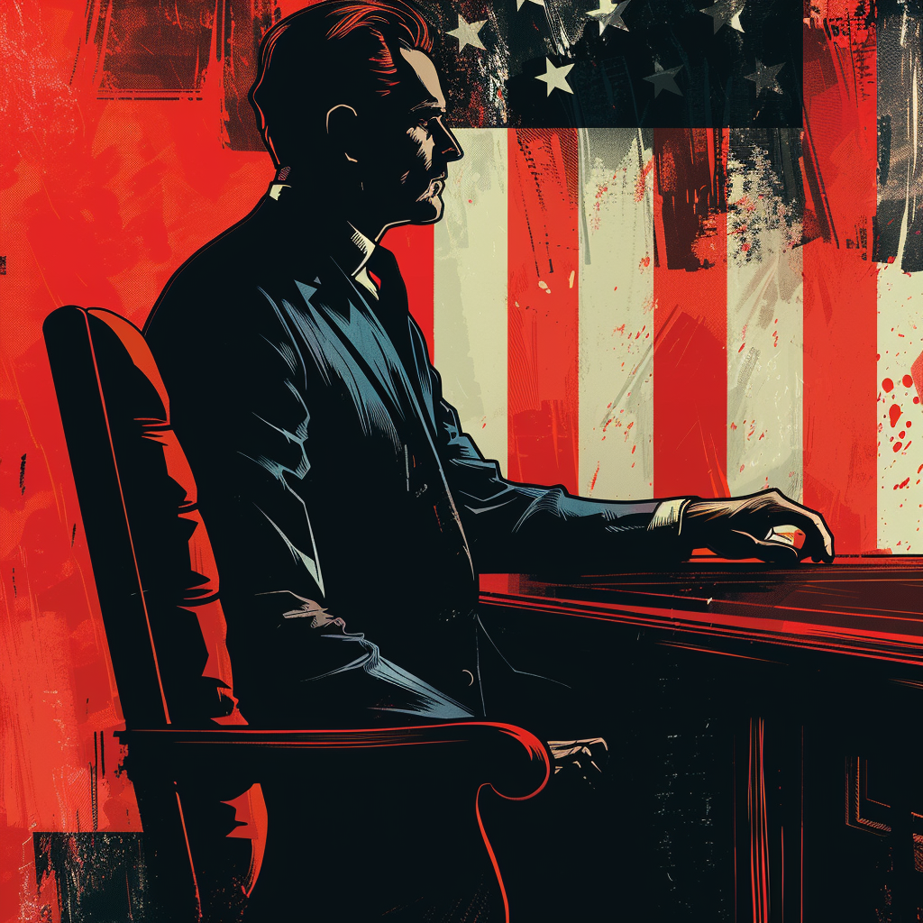 A stern-faced politician sits at a desk, bathed in dark, moody lighting, with a worn American flag in the background. The image was generated to reflect the sentiment: the politician is very often something less than an integral man.