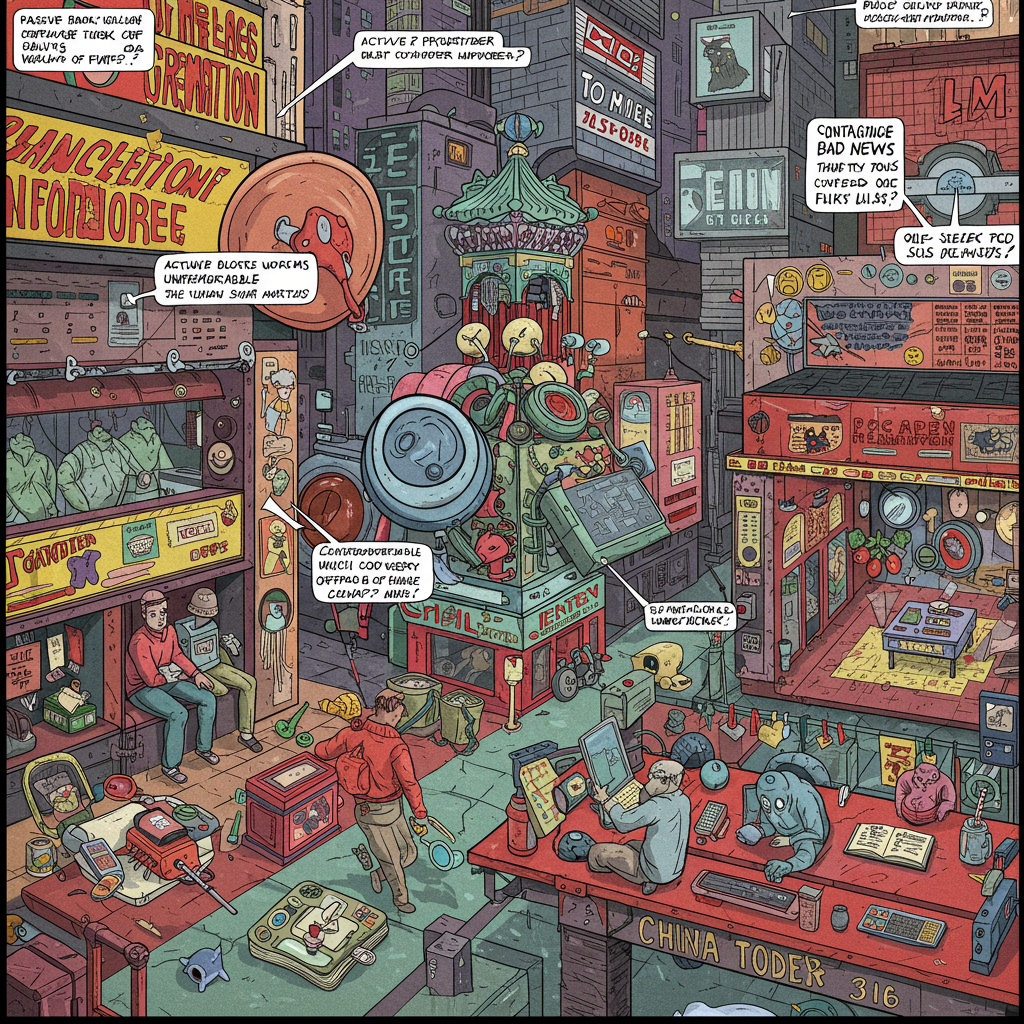A dense, chaotic urban scene filled with shadowy figures, layered signs, and monstrous creatures resembling infovores and worms, evoking contagion, secrets, and hidden dangers.