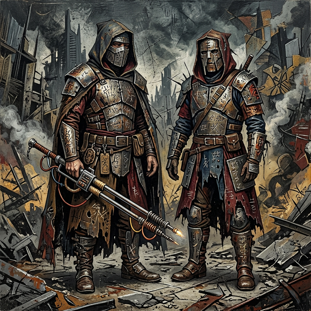 Two figures in scratched, hole-ridden metal armor decorated with strange scripts stand amid ruins, one resting a hand on a double-railed tool resembling a livestock prod.