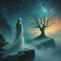 A woman in a flowing white dress stands on a cliff, gazing at a twisted tree under a starry sky, symbolizing the idea that fate is influenced by choices, not just the cosmos.