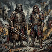 Two figures in scratched, hole-ridden metal armor decorated with strange scripts stand amid ruins, one resting a hand on a double-railed tool resembling a livestock prod.