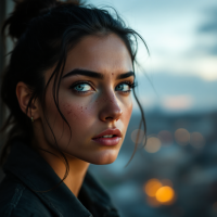 A close-up of a young woman with striking blue eyes and freckles, gazing thoughtfully into the distance, embodying resilience and determination in the face of challenges.