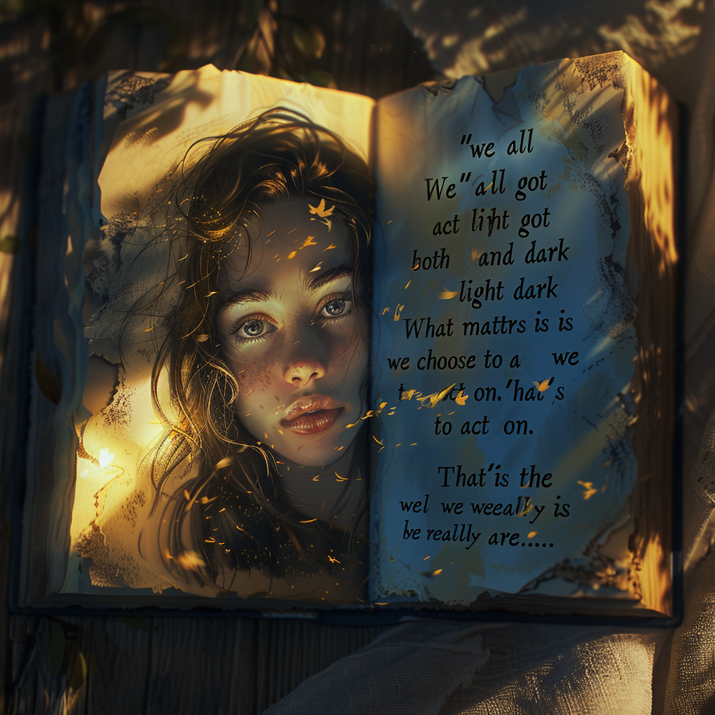 An open book with a woman's serene face illuminated by sunlight and surrounded by shadows; the text reads, We’ve all got both light and dark inside us. What matters is the part we choose to act on. That’s who we really are.