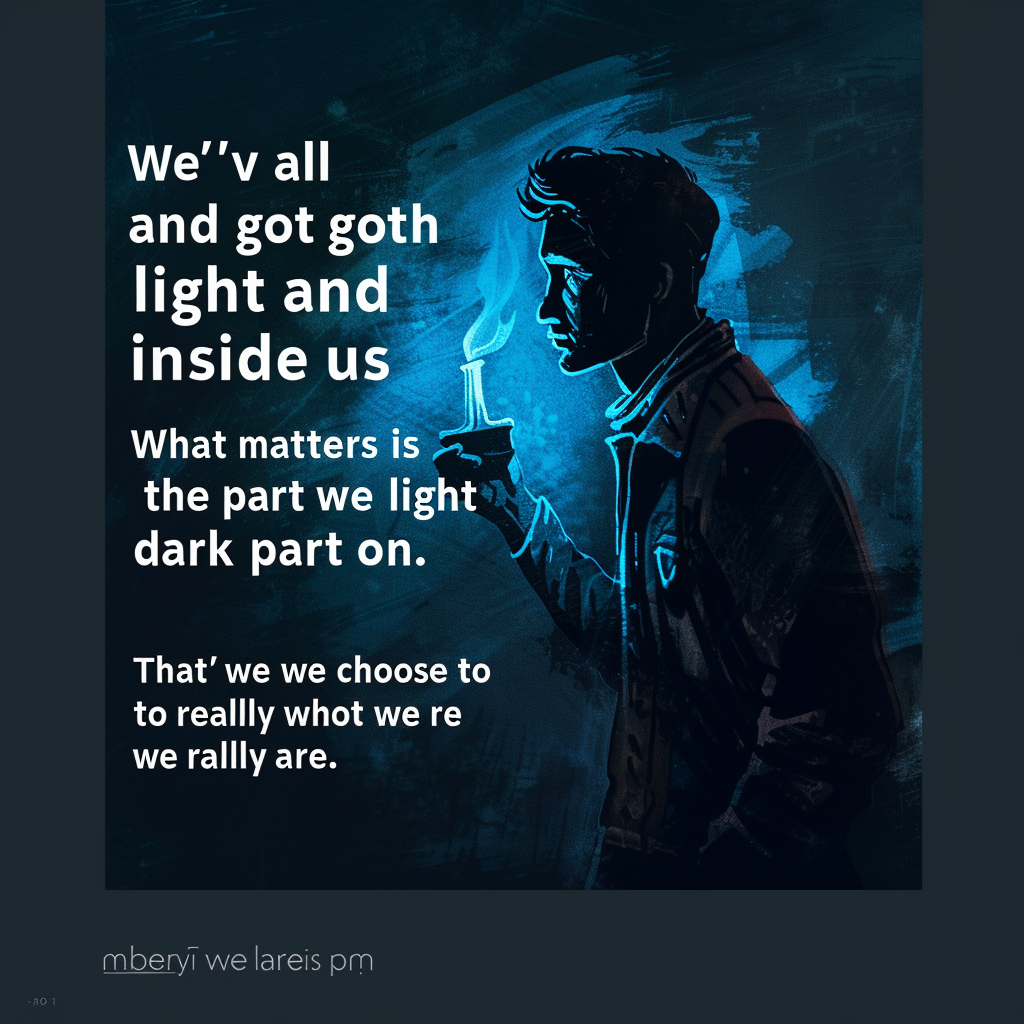 An illustration of a person holding a glowing blue light, surrounded by dark, swirling shadows. The quote reads: We’ve all got both light and dark inside us. What matters is the part we choose to act on. That’s who we really are.