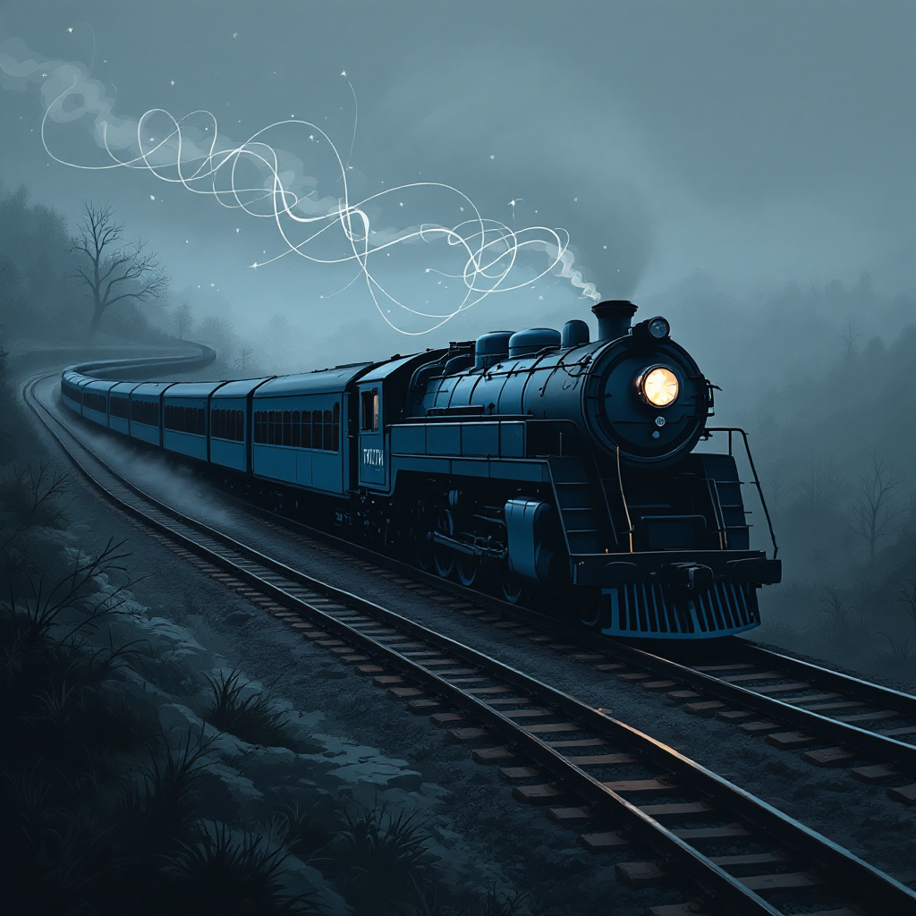 A vintage steam train winds along a misty track, with ethereal wisps of light emanating from its front, embodying the complexity of truth as it twists through the landscape.