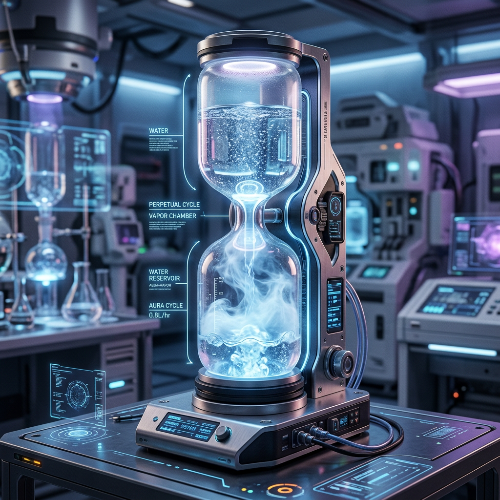A futuristic glass bottle with vapor trapped in a bottom chamber and water suspended in the top chamber, illuminated within a high-tech laboratory setting.
