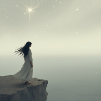 A woman in a flowing white dress stands on a cliff, gazing into a misty horizon illuminated by faint stars, embodying the interconnected moments of life.