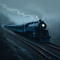 A vintage steam train winds along a misty track, with ethereal wisps of light emanating from its front, embodying the complexity of truth as it twists through the landscape.