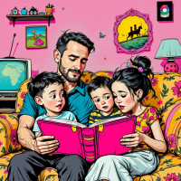 A father reads a bright pink book to three children on a colorful floral couch, surrounded by whimsical decor, embodying the sentiment of choosing one's own family.