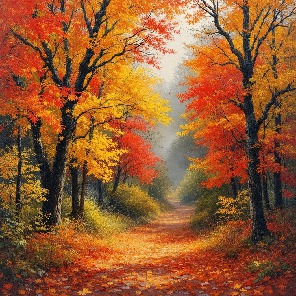 A serene autumn pathway lined with vibrant red and golden trees, embodying the beauty of fall as nature displays its final brilliance before winter.