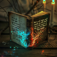 An open book emits blue and red energy, reflecting the quote: We’ve all got both light and dark inside us. What matters is the part we choose to act on. That’s who we really are. Candles surround the book.