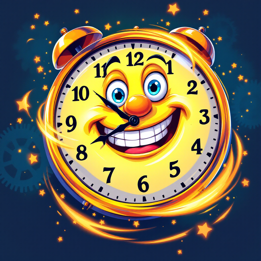 A vibrant, animated alarm clock with a cheerful face and bright colors, surrounded by swirling stars and gears, embodies the urgency of the quote: The time is now when we cannot wait.