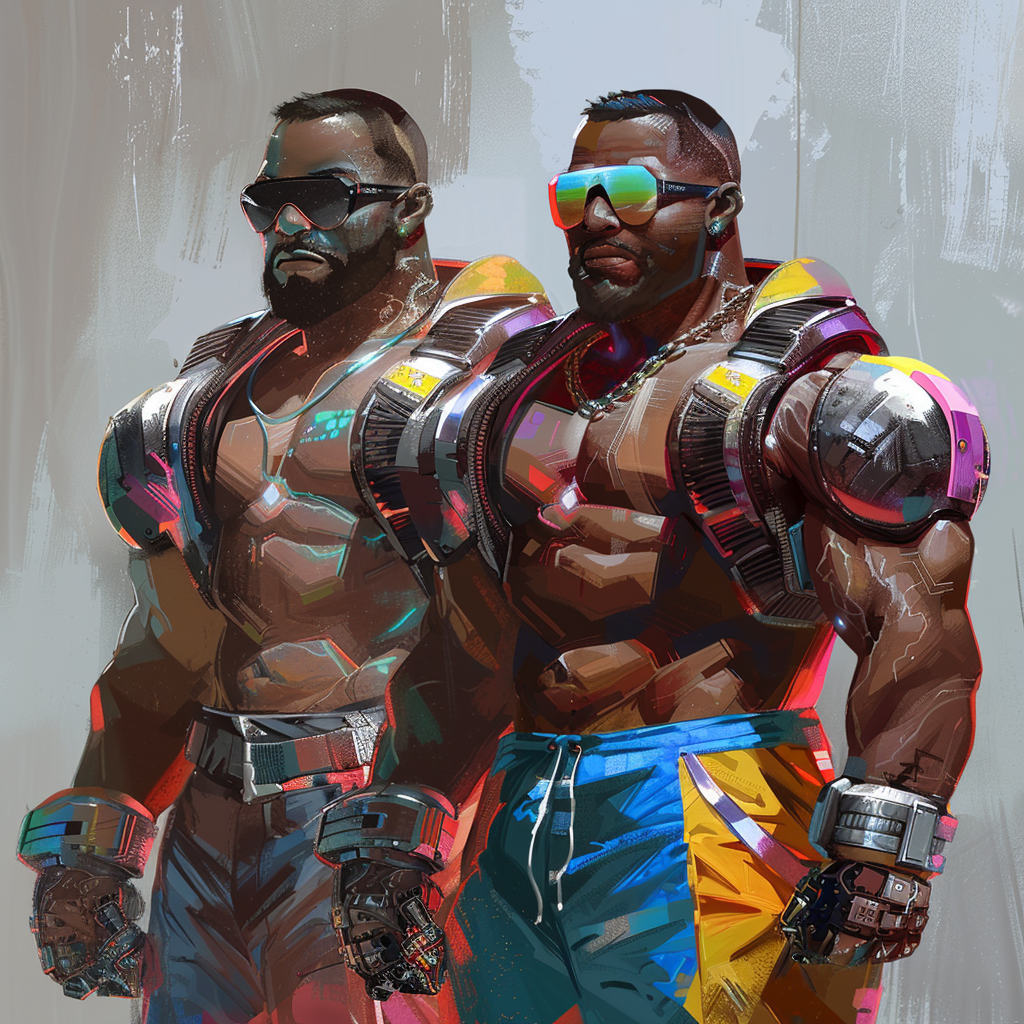 Two shirtless bouncers displaying chrome muscle boost implants stand confidently, resembling retro-futuristic cyborgs. They wear sunglasses, and one has vibrant shorts, accentuating their imposing figures.