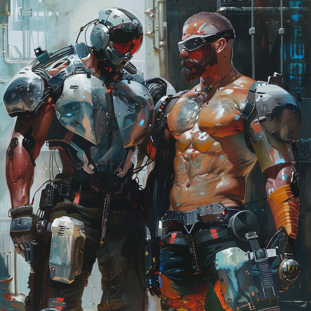 Two huge bouncers, stripped to the waist, display the stylish bulbous chrome scabs of their metallic muscle boost implants, resembling retro-futuristic cyborgs.