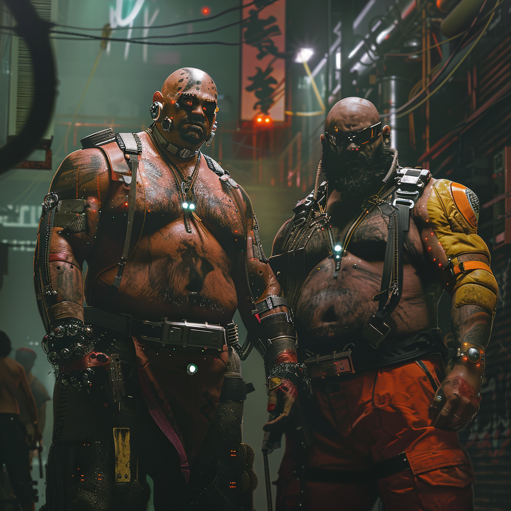 Two shirtless, muscular bouncers with chrome implants stand in a cyberpunk setting, embodying a retro-futuristic cyborg aesthetic as described in the book quote.