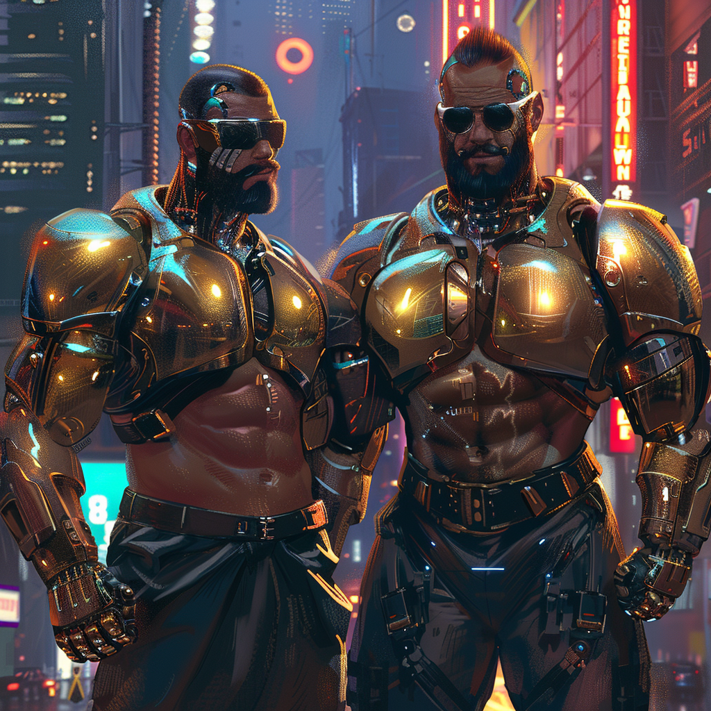Two shirtless, muscular bouncers displaying metallic implants stand side by side, resembling retro-futuristic cyborgs in a neon-lit urban setting.