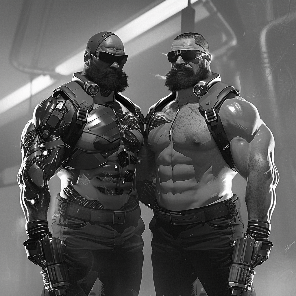 Two huge, shirtless bouncers display their bulky, metallic muscle boost implants, resembling retro-futuristic cyborgs.