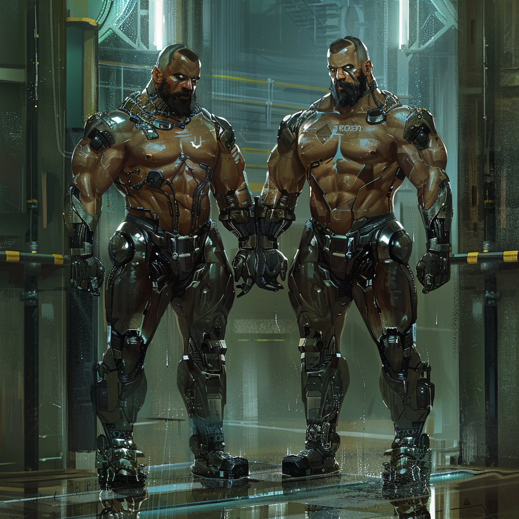 Two huge, shirtless bouncers stand side by side, displaying their metallic muscle boost implants that give them a retro-futuristic cyborg appearance.