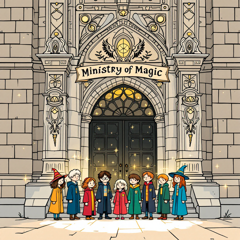 A group of young witches and wizards stands before the ornate entrance of the Ministry of Magic, embodying the importance of magical education and community.