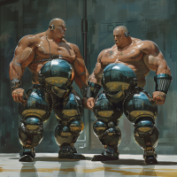 Two huge bouncers, stripped to the waist, display stylish chrome muscle boost implants, resembling retro-futuristic cyborgs, as they stand together.