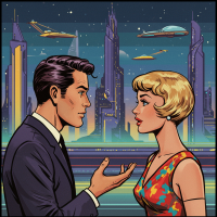 A retro-styled illustration depicts a man and woman engaged in a heartfelt conversation under a starry sky, with futuristic skyscrapers and hovering vehicles in the background.