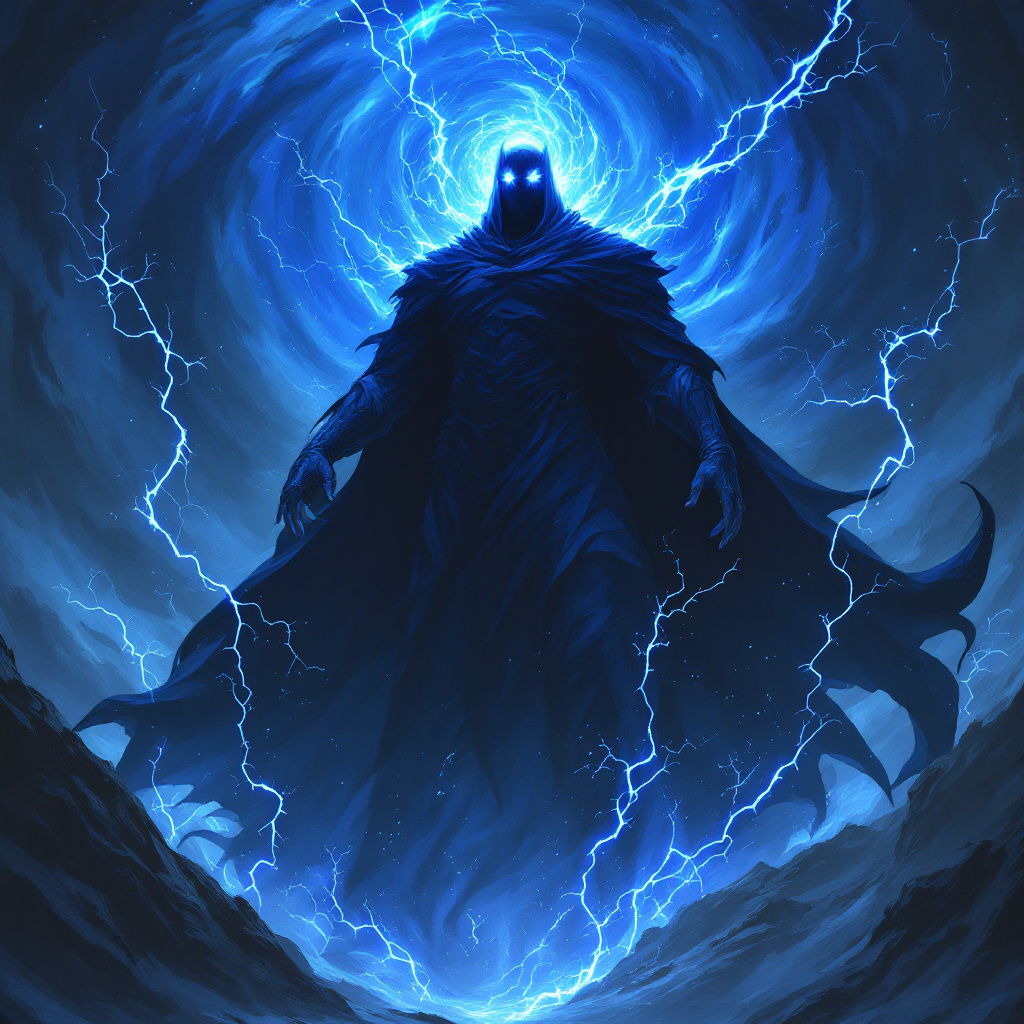 A shadowy figure cloaked in darkness stands against a swirling storm of blue lightning, embodying the concept of a grim, infinite life with an ominous and powerful presence.