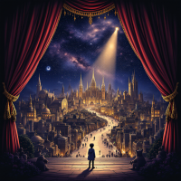 A grand stage framed by red curtains reveals a sprawling city under a starry sky, symbolizing the quote about life as a theatrical performance with everyone playing their parts.