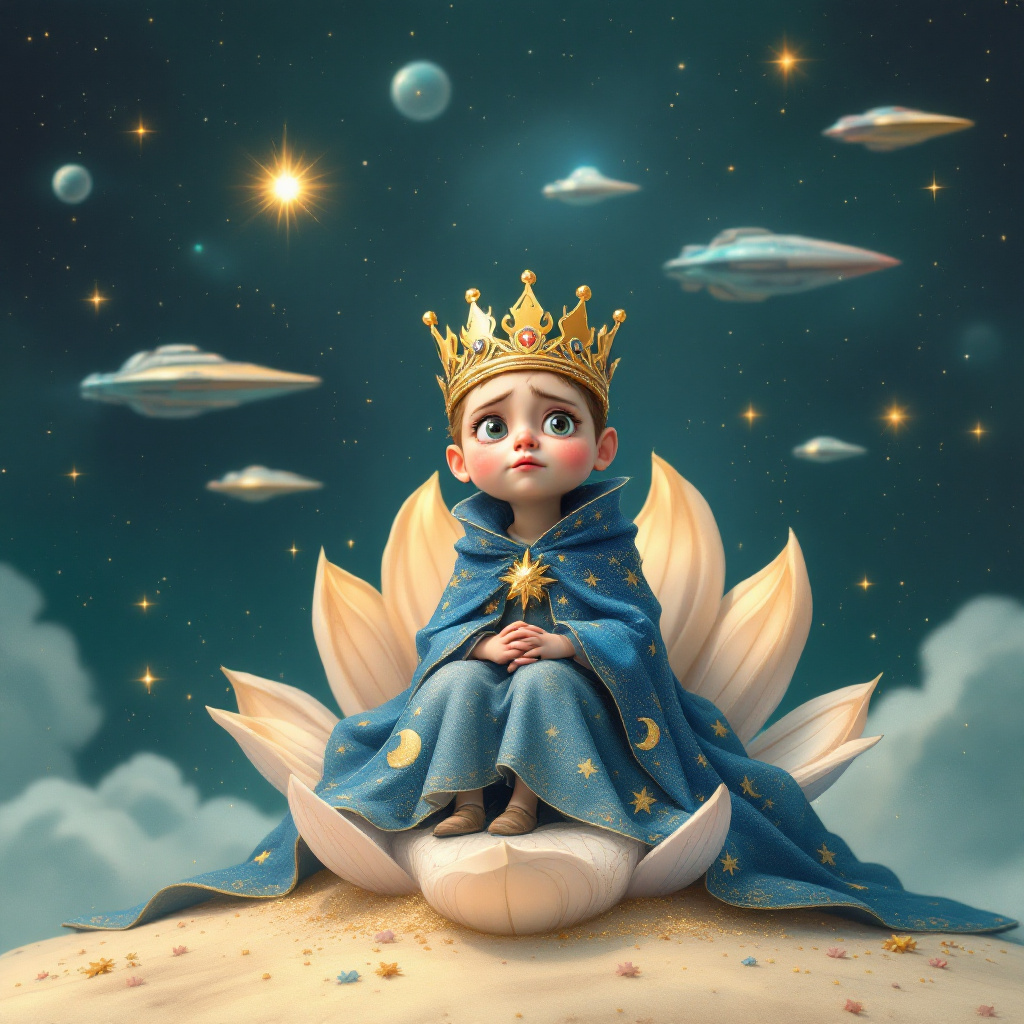 A young king sits pensively on a cosmic lotus, adorned in a starry cloak and crown, surrounded by glowing stars and distant planets, embodying power and vulnerability in an expansive universe.