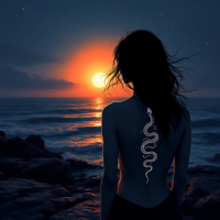 A silhouette of a woman with a snake tattoo on her back gazes at a sunset over the ocean, evoking the quote about the struggle between lies and the truth.