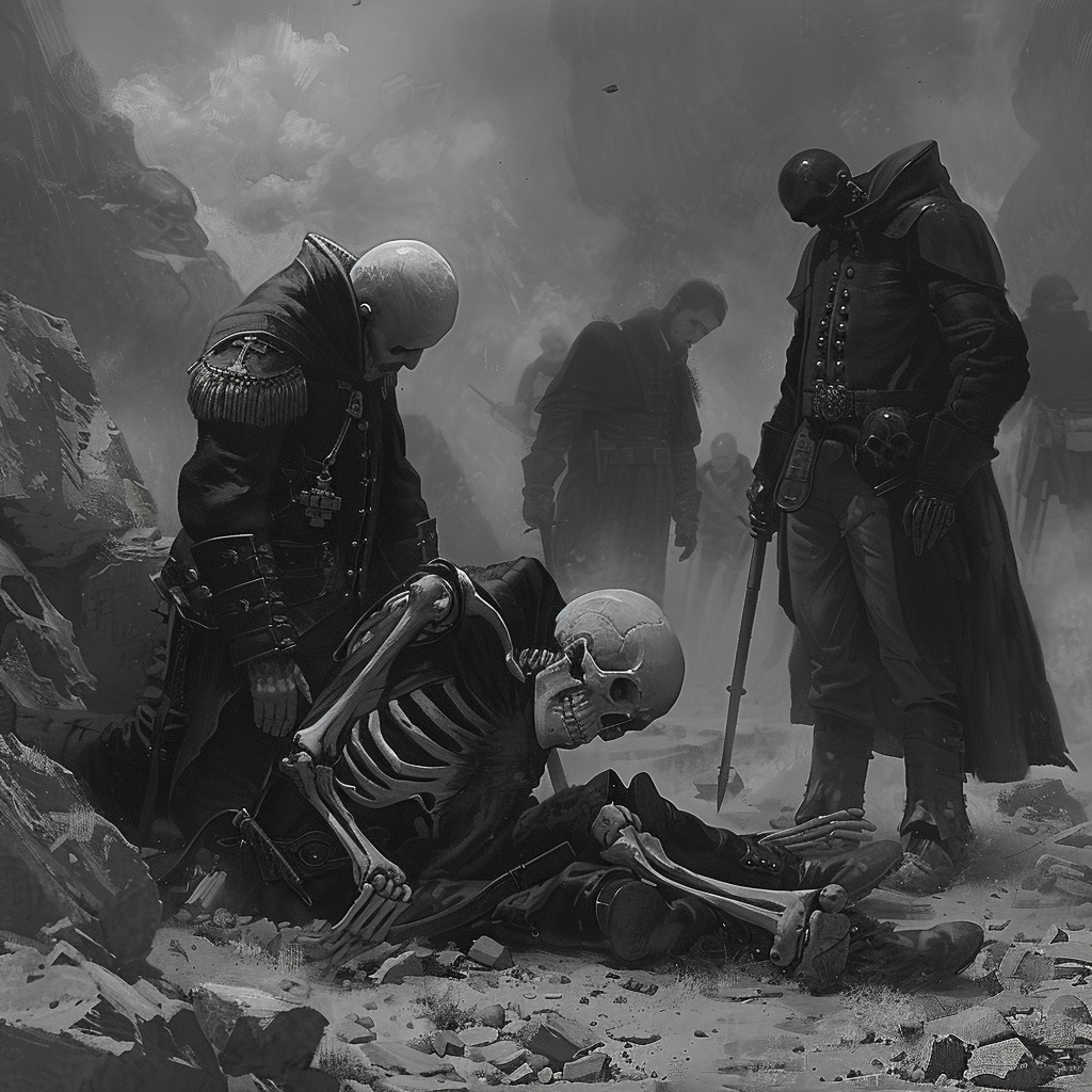 In a desolate, war-torn landscape, two living figures kneel beside a skeletal figure, signifying the interconnectedness of the dead and the living, evoking both peace and conflict in the pursuit of a warmer future.