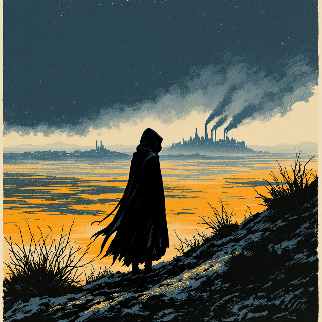 A cloaked figure stands at the edge of a dark, vibrant landscape, gazing toward smokestacks rising against an orange and blue horizon, embodying the quest for meaning in suffering.