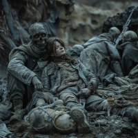 A somber, war-torn scene with a living woman resting against a skeletal figure, surrounded by fallen soldiers, resonating with the quote about the interconnectedness of the living and the dead.