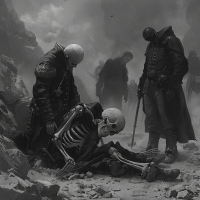 In a desolate, war-torn landscape, two living figures kneel beside a skeletal figure, signifying the interconnectedness of the dead and the living, evoking both peace and conflict in the pursuit of a warmer future.