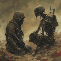 A soldier and a skeletal figure sit facing each other in a desolate landscape. The scene illustrates the quote about the unity between the living and the dead in both peace and war.