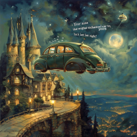 An enchanted car flies near a castle with a moonlit sky in the background and a distant city below. The text on the image reads, Your sons flew that enchanted car of yours to Surrey and back last night!