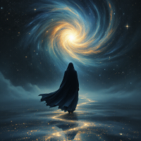 A cloaked figure stands on a shimmering path, gazing at a luminous galaxy swirling above, embodying the idea that the universe aligns when one takes the first step.