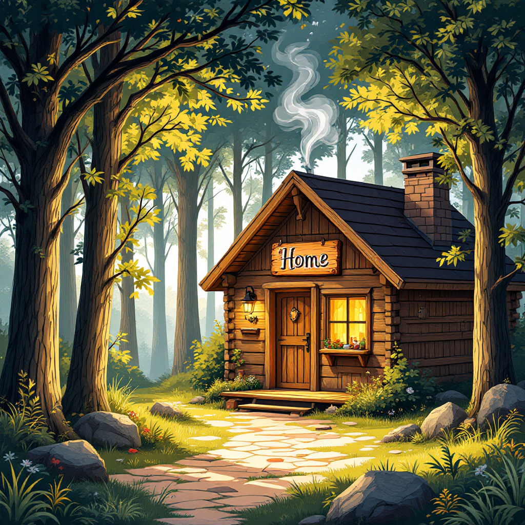 A cozy wooden cabin nestled among tall trees, with smoke gently rising from the chimney and a welcoming sign that reads Home, evoking a sense of comfort and belonging.