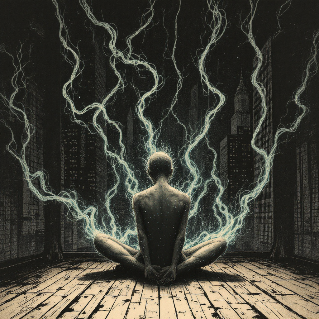 A lone figure sits cross-legged on wooden floorboards, surrounded by crackling electric currents, evoking a sense of predatory, contagious information in a dark, urban void.